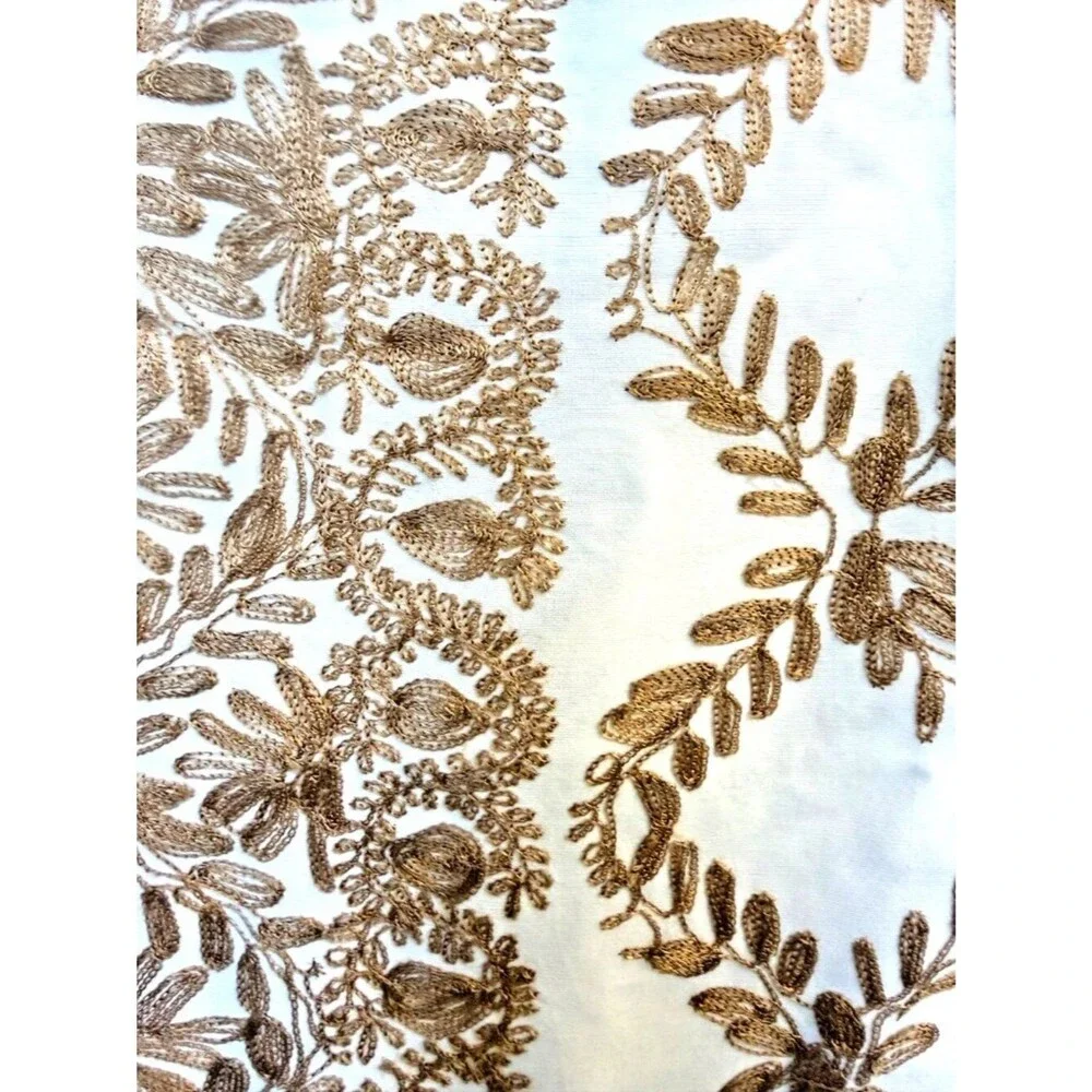 Vtg Handmade AGHABANI Large Tablecloth & 12 Napkins Gold Silk on White 110 x 72”